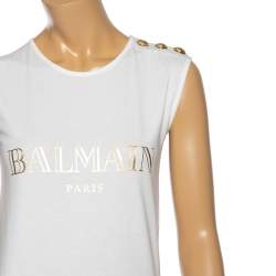 Pre Owned Balmain White Logo Printed Cotton Sleeveless Top S