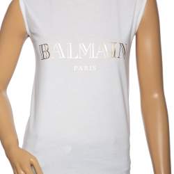 Pre Owned Balmain White Logo Printed Cotton Sleeveless Top S