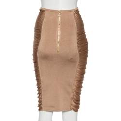 Pre Owned Balmain Beige Stretch Knit Lace-up Detail Ruched Pencil Skirt S
