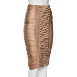 Pre Owned Balmain Beige Stretch Knit Lace-up Detail Ruched Pencil Skirt S