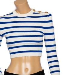 Pre Owned Balmain White & Blue Striped Knit Button Detail Crop Trop S