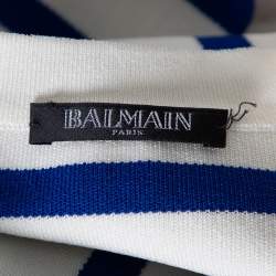 Pre Owned Balmain White & Blue Striped Knit Button Detail Crop Trop S