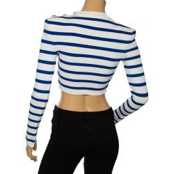 Pre Owned Balmain White & Blue Striped Knit Button Detail Crop Trop S