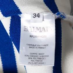 Pre Owned Balmain White & Blue Striped Knit Button Detail Crop Trop S
