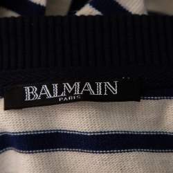 Pre Owned Balmain White & Blue Striped Logo Patch Detailed Long Sleeve Sweatshirt L