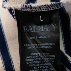 Pre Owned Balmain White & Blue Striped Logo Patch Detailed Long Sleeve Sweatshirt L