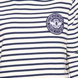 Pre Owned Balmain White & Blue Striped Logo Patch Detailed Long Sleeve Sweatshirt L