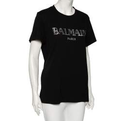 Pre Owned Balmain Black Logo Printed Cotton Short Sleeve T-Shirt XL