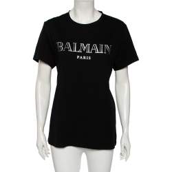 Pre Owned Balmain Black Logo Printed Cotton Short Sleeve T-Shirt XL