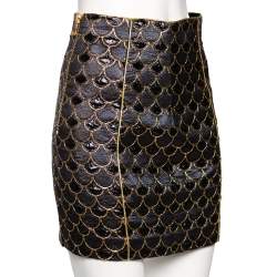 Pre Owned Balmain Black & Gold Scale Patterned Lurex Silk Mini Skirt M