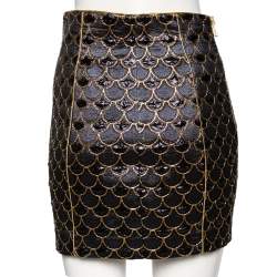 Pre Owned Balmain Black & Gold Scale Patterned Lurex Silk Mini Skirt M