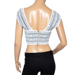 Pre Owned Balmain White & Grey Lurex Logo Knit Cross Neck Crop Top S