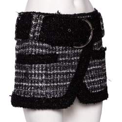 Pre Owned Balmain Monochrome Lurex Tweed Belted Mini Skirt S