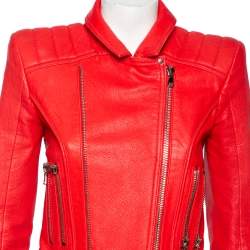 Pre Owned Balmain Red Leather Biker Jacket M