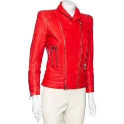 Pre Owned Balmain Red Leather Biker Jacket M