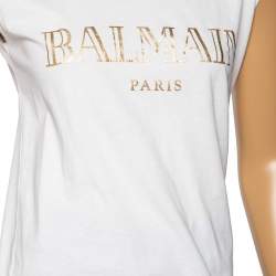 Pre Owned Balmain White Logo Printed Cotton Sleeveless Top M