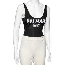 Pre Owned Balmain Black Knit Logo Printed Sleeveless Bodysuit S