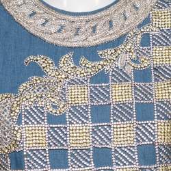 Pre Owned Balmain Blue Cotton Crystal Embellished Long Sleeve Dress M