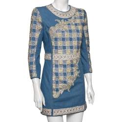 Pre Owned Balmain Blue Cotton Crystal Embellished Long Sleeve Dress M