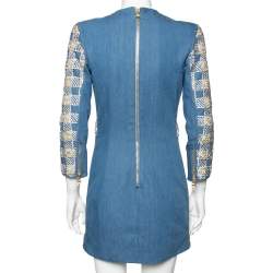 Pre Owned Balmain Blue Cotton Crystal Embellished Long Sleeve Dress M
