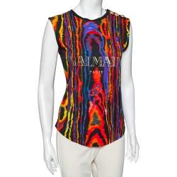 Balmain Multicolored Graphic Printed Cotton Sleeveless T-Shirt S