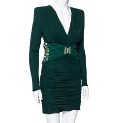 Pre Owned Balmain Green Jersey Embellished Detailed Ruched Dress M