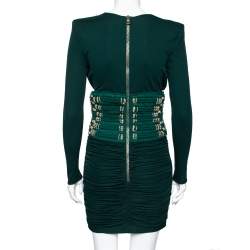 Pre Owned Balmain Green Jersey Embellished Detailed Ruched Dress M