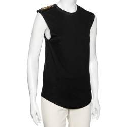 Pre Owned Balmain Black Cotton Metal & Leather Shoulder Trim Sleeveless T-Shirt S