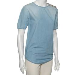 Pre Owned Balmain Blue Chambray Short Sleeve T-Shirt S