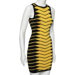 Pre Owned Balmain Black & Yellow Patterned Knit Sleeveless Bodycon Dress S
