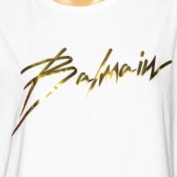 Pre Owned Balmain White Foil Logo Printed Cotton T-Shirt L