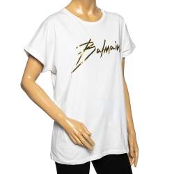 Pre Owned Balmain White Foil Logo Printed Cotton T-Shirt L