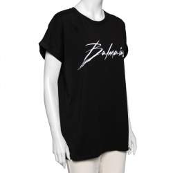 Pre Owned Balmain Black Cotton Logo Patch Top L