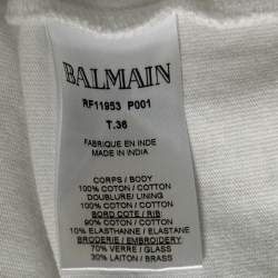 Pre Owned Balmain White Cotton Crystal Embellished Logo Top S