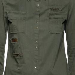 Pre Owned Balmain Dark Green Cotton Distressed Embellished Button Front Military Shirt M