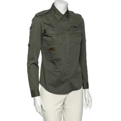 Pre Owned Balmain Dark Green Cotton Distressed Embellished Button Front Military Shirt M