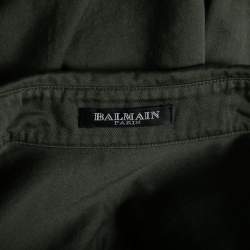 Pre Owned Balmain Dark Green Cotton Distressed Embellished Button Front Military Shirt M