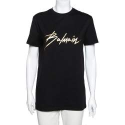 Pre Owned Balmain Black Cotton Logo Printed Crew Neck Short Sleeve Top M