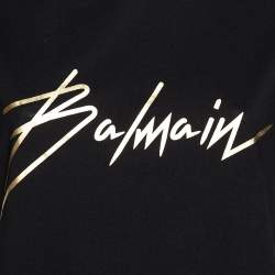 Pre Owned Balmain Black Cotton Logo Printed Crew Neck Short Sleeve Top M