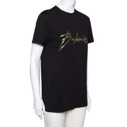 Pre Owned Balmain Black Cotton Logo Printed Crew Neck Short Sleeve Top M