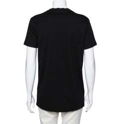 Pre Owned Balmain Black Cotton Logo Printed Crew Neck Short Sleeve Top M