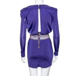 Pre Owned Balmain Purple Jersey Embellished Waist Short Dress S