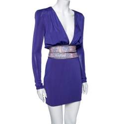 Pre Owned Balmain Purple Jersey Embellished Waist Short Dress S