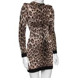 Pre Owned Balmain Brown Leopard Jacquard Knit Long Sleeve Dress S