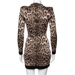 Pre Owned Balmain Brown Leopard Jacquard Knit Long Sleeve Dress S