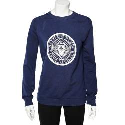 Pre Owned Balmain Blue Crest Print Cotton Raglan Sweatshirt M