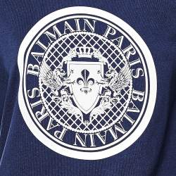 Pre Owned Balmain Blue Crest Print Cotton Raglan Sweatshirt M