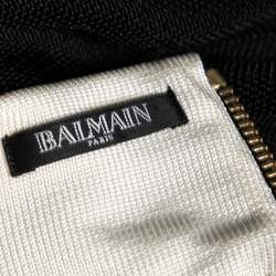 Pre Owned Balmain Black and White Knit Slit Detailed Pencil Midi Skirt S