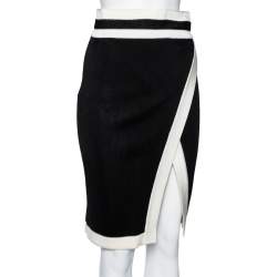 Pre Owned Balmain Black and White Knit Slit Detailed Pencil Midi Skirt S