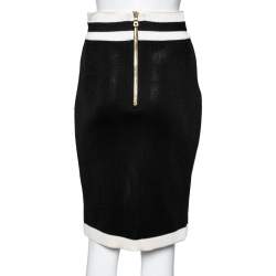 Pre Owned Balmain Black and White Knit Slit Detailed Pencil Midi Skirt S